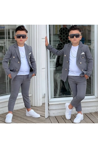 Modavals 4 Parça Çizgili Ceketli Erkek Çocuk Takım Elbise Gri