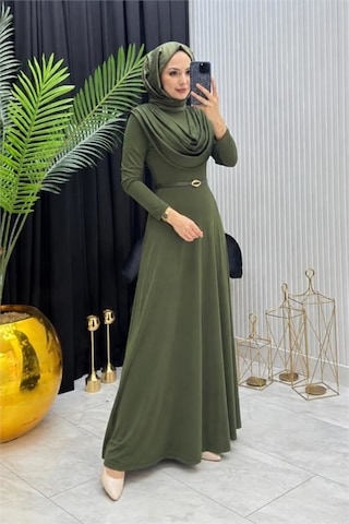 Neşeli Butik Kadın Haki Sandy Kumaş Degaje Yaka Kemer Detaylı Tesettür Elbise---- Nms096