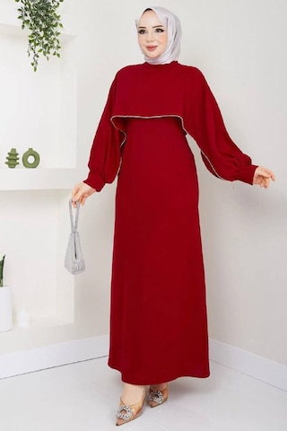 Neşeli Butik Kadın Likralı Taş Detaylı Tesettür Elbise Nms011 Bordo