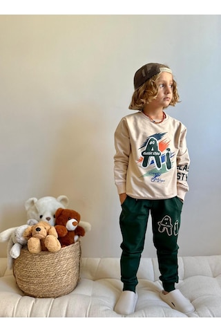 Jolly Kids Erkek Çocuk Yazı Baskılı Sweatshirt Takım Koyu Yeşil