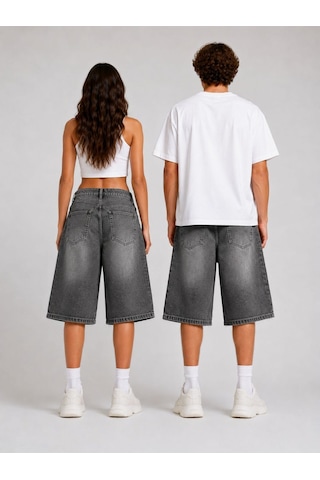 St.poll Eskitme Yıkama Unisex Baggy Denim Şort Füme