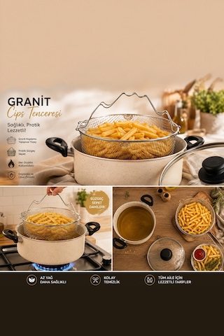 Porsima 4404 3 Parça Granit Kızartma Cips Tenceresi 22cm 2lt Krem