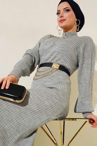 Bigdart 15900 Boydan Tesettür Triko Elbise - Gri