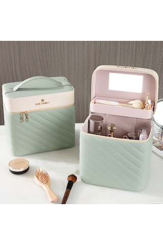 Hfambition Yeşil Pu Kozmetik Çantası - Büyük Kapasite, Fırça Bölmeli, Aynalı, Taşınabilir Makyaj Organizasyon Kutusu