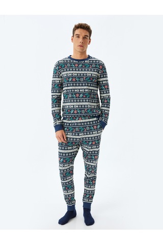 Koton Yılbaşı Temalı Rahat Kesim Pamuklu Örme Pijama Seti Lacivert Desenli 5wlm40033mk Lacivert Desenli Lacivert