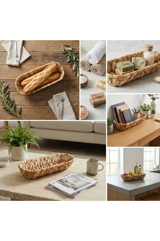Hasır Oval Ekmek Sepeti Ve Çok Amaçlı Düzenleyici, 28x6 Cm Doğal Örme Sunum Tabağı, İnce Uzun Baget Ekmeklik, Genel