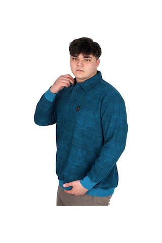 Mode Xl Büyük Beden Erkek Polo Yaka Sweatshirt Baskılı Selanik U24440 Turkuaz Mavi