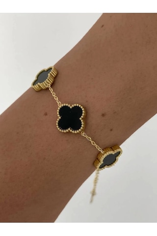 Gold Siyah Doğal Taşlı Premium Çelik Bileklik Gold