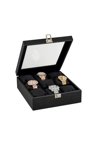Chavin st9-18 Ahşap Üzeri Siyah Deri Cam Kapaklı Saat Kutusu 9'lu