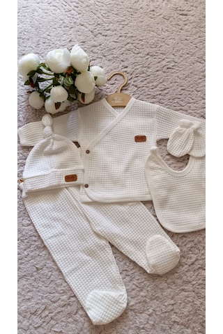 Yeni Doğan Bebek 5 Parça Beyaz Waffle Penye Hastane Çıkışı Ekru