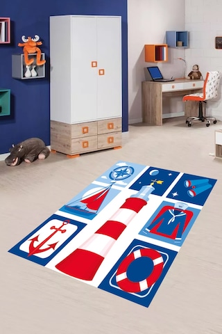 Dijital Baskılı Gemici Desen Dekoratif Yıkanabilir Kaymaz Taban Çocuk Halısı Çok Renkli
