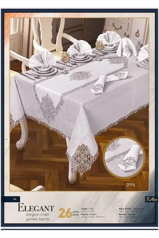 Elegant Linen Krem-gümüş 26 Parça 12 Kişilik 160 260 Cm Masa Takımı Çok Renkli