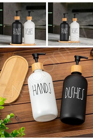 2 Li Hands Dishes Siyah Beyaz Dekoratif Mutfak Banyo Sıvı Cam Sabunluk Seti 500ml Bambu Stantlı Set Beyaz-siyah