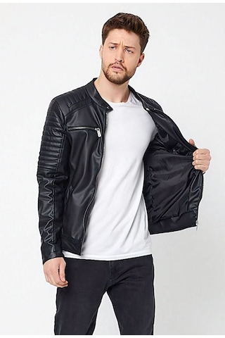 Oliggopol Erkeksiyah İç Cepli Slim Fit Deri Ceket Mont Haki