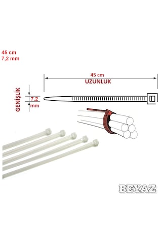 100 Adet 45cmx7,2mm Beyaz Plastik Cırt Kelepçe Kablo Bağı