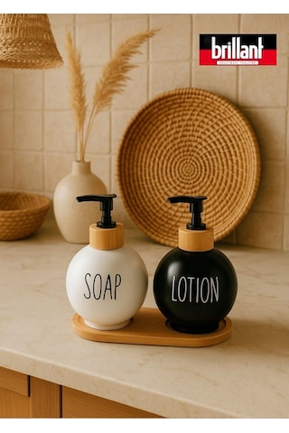 Lüks Tasarım Bambu Standlı 2'li Banyo Sabunluk Seti - Siyah & Beyaz Çok Renkli