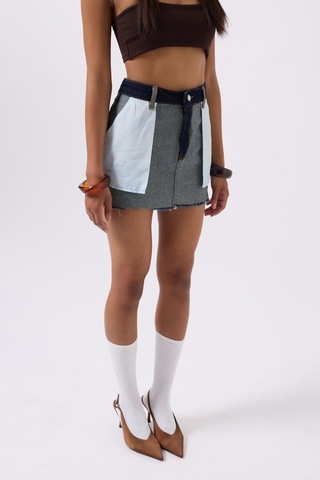 Ters Detay Denim Mini Etek Mavi