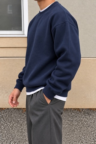 Cool Tarz Erkek 3 İplik Şardonlu Regular Fit Bisiklet Yaka Basic Sweatshirt Lacivert Lacivert