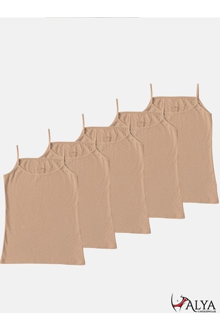 Alya Underwear %100 Pamuk Kumaşlı İp Askılı Kadın Atlet Jakarlı Ribana Kalp İşlemeli 5'li Paket Beyaz Ten Rengi
