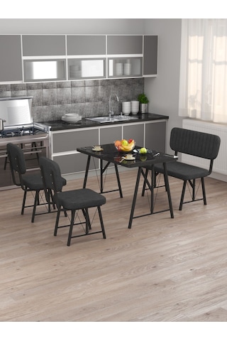 Hayat 70x110 Bendir Mutfak Masası, Mutfak Masası Takımı, Yemek Masası, 2 Sandalye 1 Bench - Antrasit Antrasit