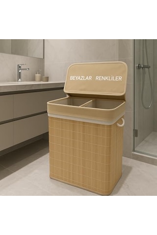 Modern Bambu Beyazlar/renkliler Ayrı Bölmeli Çamaşır Kirli Sepeti 52x32x60cm 100 Litre Büyük Boy Sarı Çok Renkli