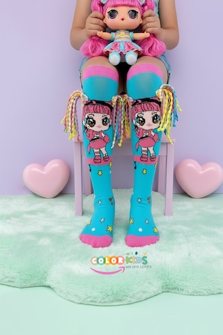 Color Socks 1 Çift Örgü Saç Desenli Animasyon Kız Çocuk Çorap Topuksuz Turkuaz