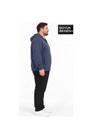 Süperlife Erkek Büyük Beden İki İplik Kapüşonlu Fermuarlı Cepli Sweatshirt Hırka Spr26bhr961 Indigo