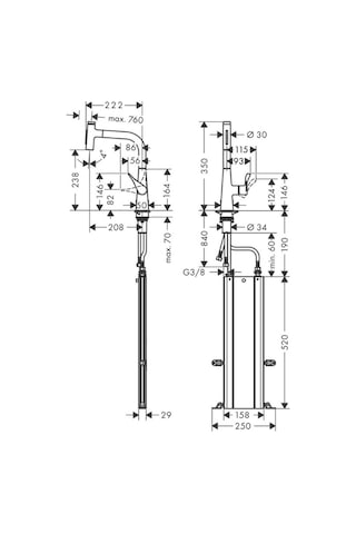 Hansgrohe Metris Select M71 Tek Kollu Eviye Bataryası 240, Çekilebilir El Duşu, 2jet, Sbox Krom krom