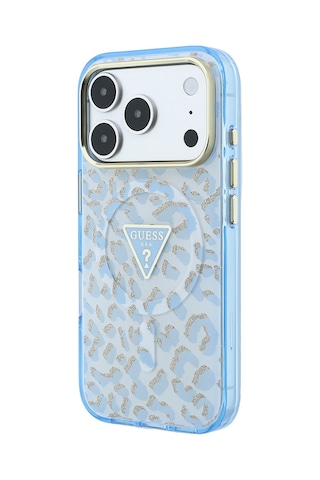 Apple iPhone Uyumlu 18 Pro Max Kılıf Guess Lisanslı M-safeli Üçgen Logolu Simli Leopar Desenli Kapak Mavi