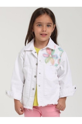 Kız Çocuk Çiçek Desenli Kot Ceket-15633 Beyaz