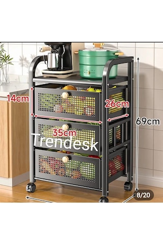 Trendesk 3 Katlı Metal Beyaz Çekmeceli Tekerlekli Patates Soğan Sepeti Sebze Meyve Sepeti Sebzelik