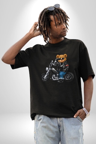 Kask Güneş Gözlüğü Motor Ayı Pamuklu Bisiklet Yaka Unisex Oversize Boyfriend Dijital Baskılı Siyah T-shirt Siyah