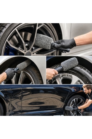 Buffer Mikrofiber Jant Temizleme Fırçası Yumuşak Çizmez Saplı Araba Motosiklet Lastik Yıkama Bakım Süngeri