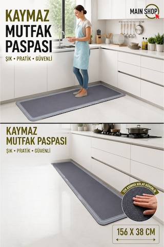 Mainshop Yazısız Model Mutfak Paspası Sihirli Su Emici Banyo Paspası Kaymaz Tabanlı 156x38 Cm M-61 Gri