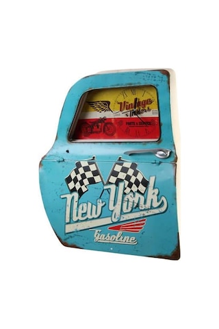 Kenpazar Dekoratif Newyork Temalı Mavi Araba Kapısı Saatli Duvar Rafı çok Renkli