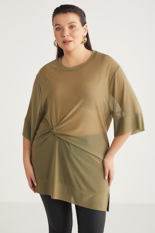 ETHIQUET YUKINBB Kadın Drape Detaylı Mesh Kumaşlı Yuvarlak Yaka Haki Büyük Beden Tunik