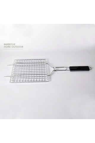Jeemson Gümüş Demir Izgara Sepeti, Ahşap Saplı Kilitli Izgara Kafesi, Sebze-balık Et Izgarası, Barbekü Aleti, 53cm, 3-5 Kişilik Kapasite Çok Renkli