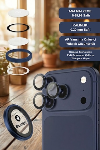 % 99.99 Gerçek Safir Titanyum Kasa Apple Uyumlu iPhone 17 Pro / 17 Pro Max Kamera Lens Koruyucu, Ar - Mavi