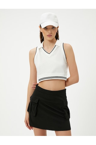 Koton Polo Yaka Crop Üst Kolsuz Çizgili Pamuklu Ekru 4sal30134ık Ekru