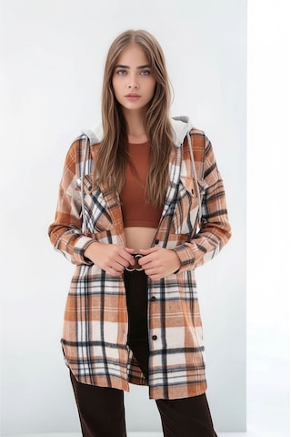 Mamayaga Kadın Desen Bloklu Oduncu Oversize Geniş Kalıp Casual Cepli Kapüşonlu Uzun Boy Ceket Gömlek Kahverengi