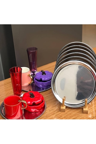 Bimote Gümüş Paslanmaz Çelik Sunum Servis Tepsisi 6'lı 21.5 CM