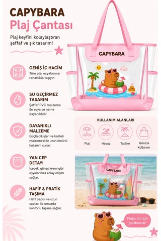 Capybara Lisanslı Figürlü Plaj Çantası Şeffaf Yüzeyli, Geniş Hacimli Pembe