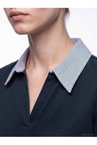 Lcw Comfort Lacivert Polo Yaka Çizgili Kadın Tişört