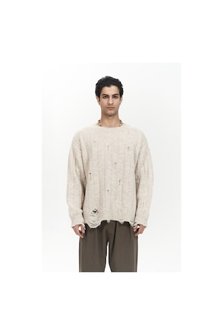Vincent Yırtık Detay Bej Erkek Triko Kazak Bej