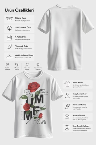 Spoyi Rose Forever Tasarımlı %100 Pamuk Yarım Oversize Beyaz T-lhirt