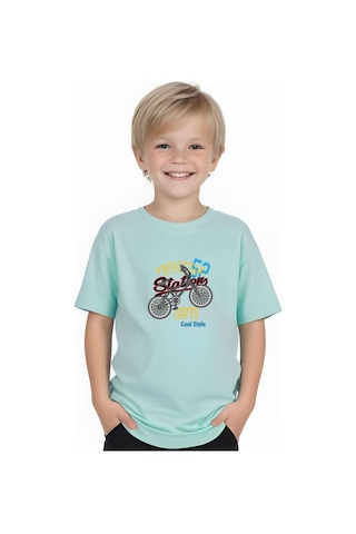 Fyk Kids Erkek Çocuk Yuvarlak Yaka Bisiklet 52 Erkek Baskılı T-shirt Mint Yeşil