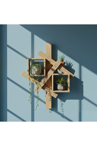 Masif Ahşap Modern Duvar Rafı - 60x50 Cm Dekoratif Geometrik Kitaplık Ve Çiçeklik Bej