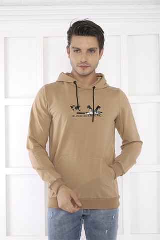 Escetic Spor Erkek Koyu Vizon Cepli, Kapüşonlu Sweatshirt-4177