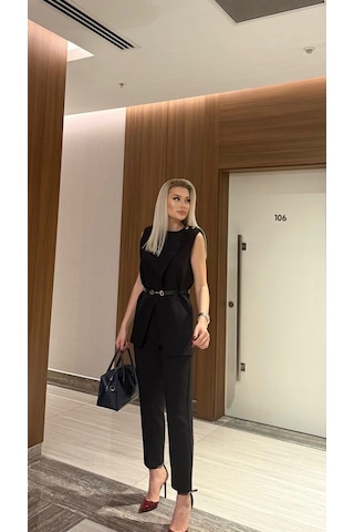 Duygudan Siyah Kemerli Yelek & Pantolon Takım Ofis Ve Davet Şıklığı - Siyah Çok Renkli