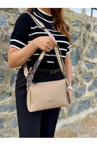 Kadın Orijinal Just Polo Yumuşak Deri Şal Detaylı Ayarlanabilir Askılı El Ve Omuz Çantası Shopper Bej